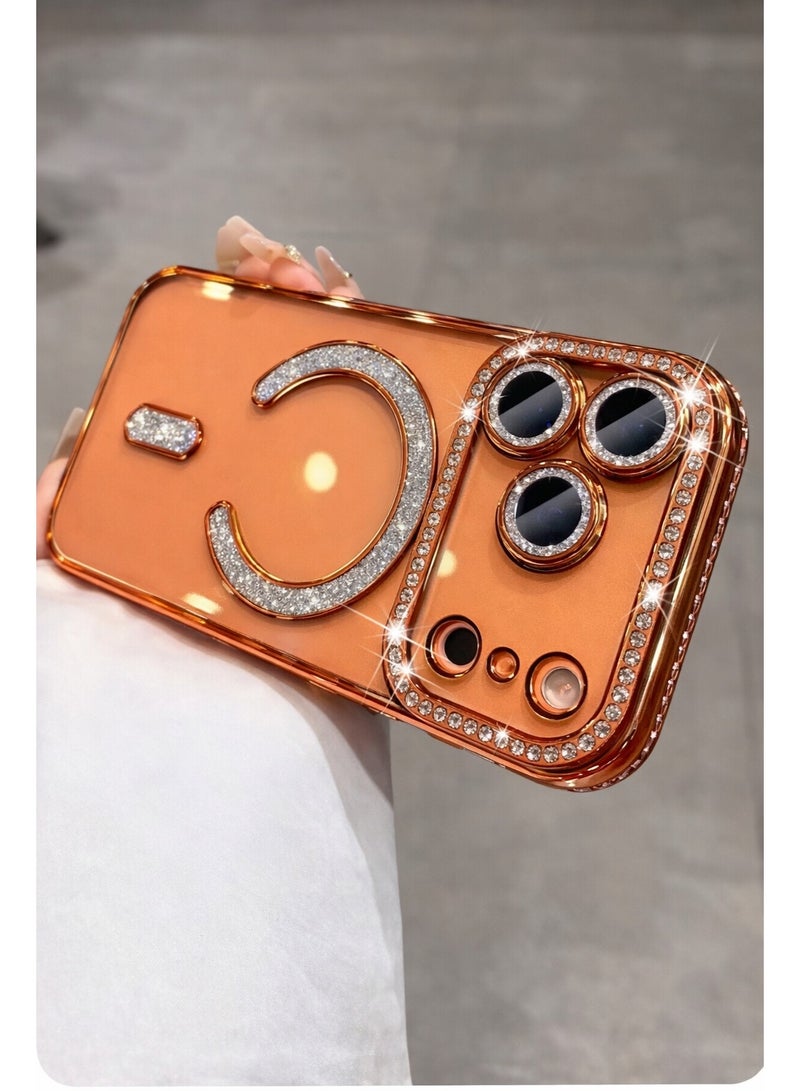 جراب فاخر مرصع بالألماس لهاتف iPhone 17 Pro Max - غطاء شفاف لامع بتصميم أنيق مع حلقة مغناطيسية، يدعم الشحن اللاسلكي، حماية للكاميرا، وتصميم نحيف. - Image 5